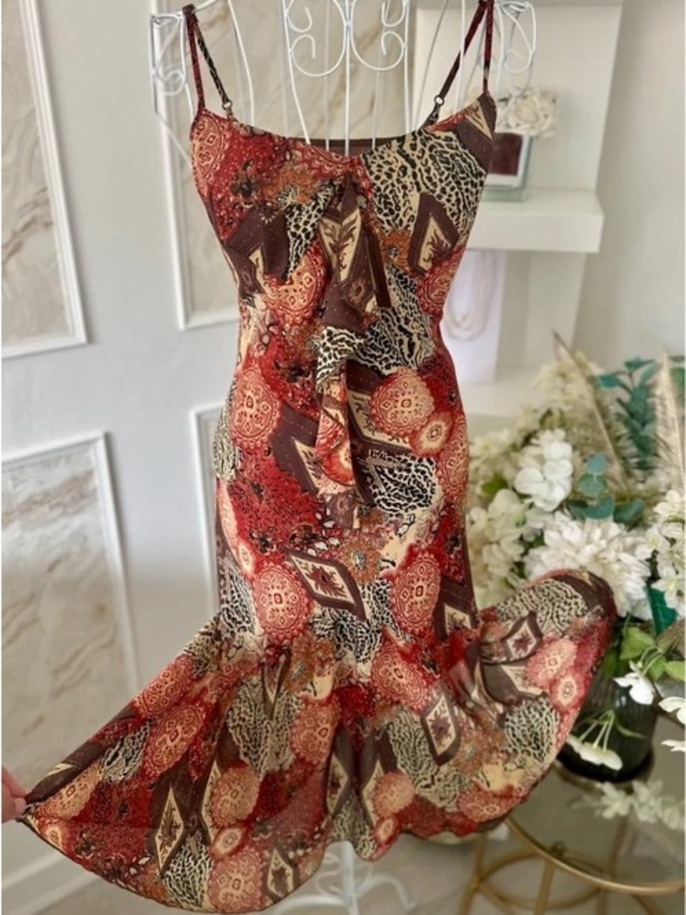 Boho Patchwork Maxi Dress with Spaghetti Straps in Red and Brown